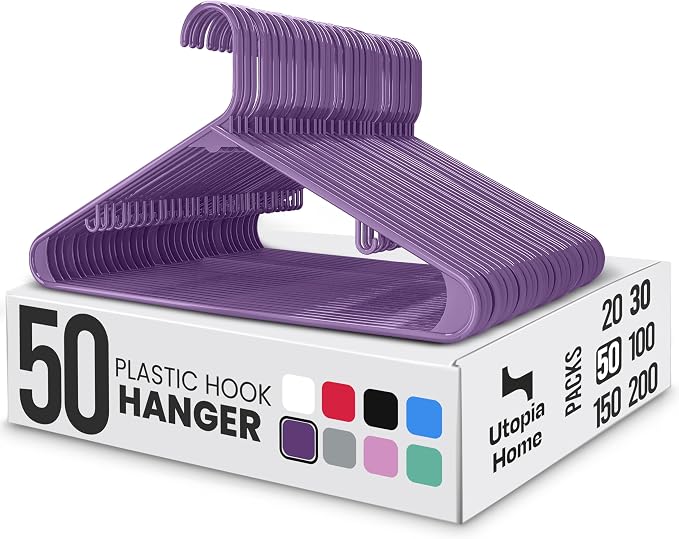 Utopia Home Plastic Hangers 50 Pack – Built-in Strap Hooks Purple | Space by UTOPIAHOME