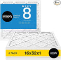 Simply 16x32x1 Air Filter, Merv 8, 6 Pack, For Home AC Furnace & HVAC (Actual Size: 15.75"x31.75"x0.75") DUST, Pet, & Allergy Control