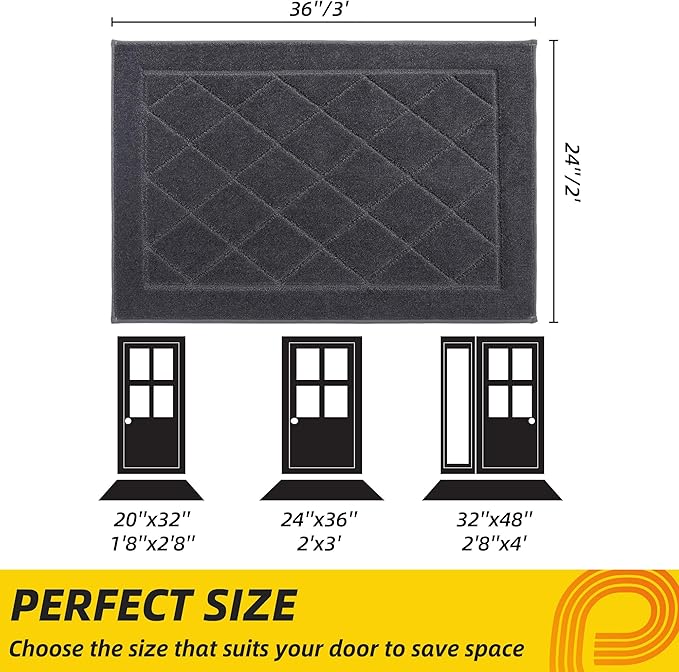 JSEI Dirt Trapper Door Mat 24"x36", Non-Slip Washable Entryway Mats, Dog Door Mat, Stain Resistant and Absorbent Floor Mats, Low Profile Welcome Mat for Front Back Door, Dark Grey
