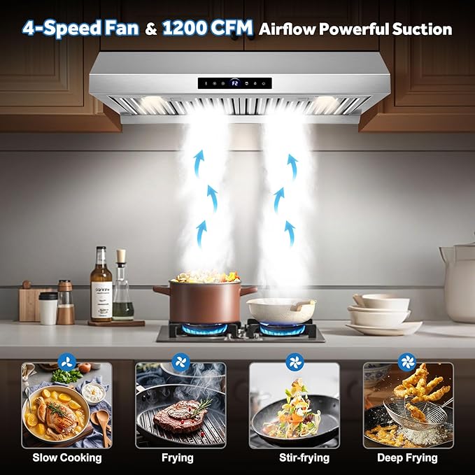 30 inch Range Hood Under Cabinet 1200 CFM with 4-Speed Gesture Sensing & Touch Control, Stainless Steel Kitchen Stove Vent Hoods with 2 LED Lights, Time Setting, Dishwasher-Safe Baffle Filters