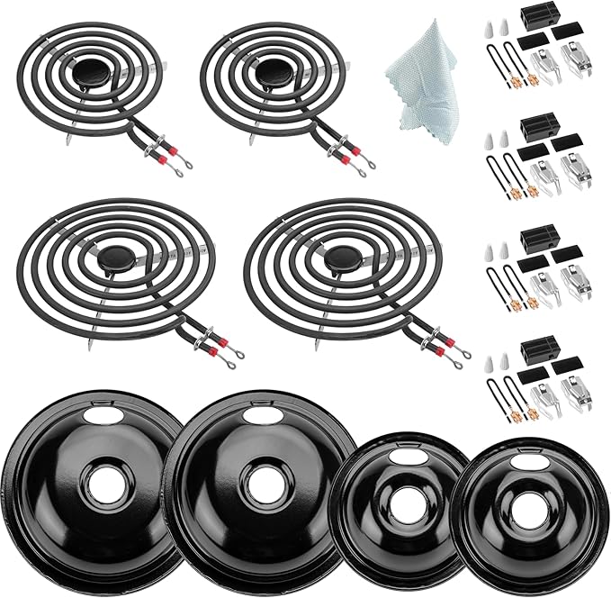 5304430149 5304430150 Porcelain Drip Pan Set & MP22YA Electric Range Burner Element Unit Set with 330031 Range Burner Receptacle Kit Compatible with Frigidaire Kenmore Range Oven/Stove by Cenipar