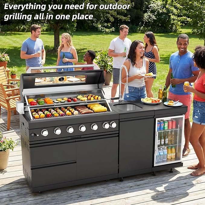 Outdoor Kitchen Island, 82 Inch 6 Burner Gas Grill Combination With Refrigerator and Sink, Outdoor Stainless Steel Barbecue Bar, 85000 BTU Propane Grill for Patios, Gardens, Parties