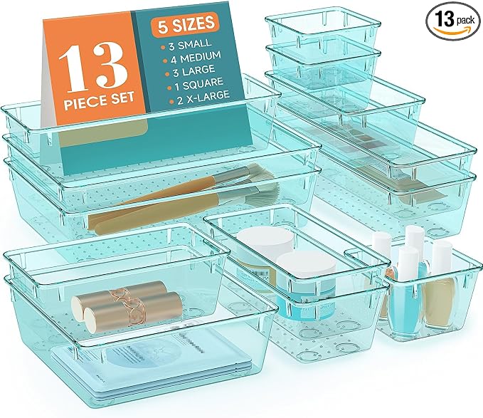 13 PCS Drawer Organizer Set, 5 Size Bathroom and kitchen organizer Trays | by StorMiracle