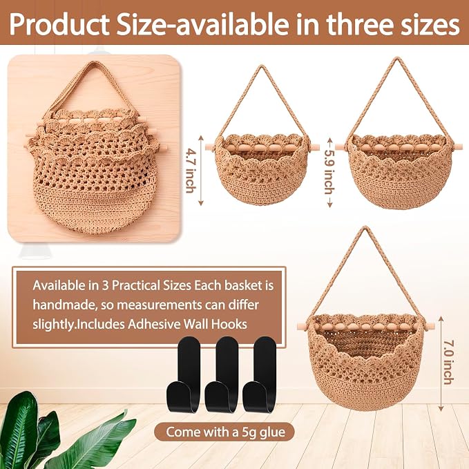 Honeydak 3 Hanging Baskets, Dark Brown, Cotton Rope - Image 2