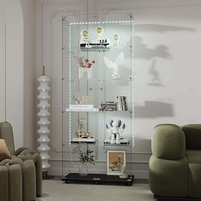 Glass Display Cabinet with LED Light Strip, 5 Shelves with 2 Doors, Glass Top Curio Storage Cabinets with Lock & Caster for Living Room,Floor Standing Bookshelf, Quick Installation - Black