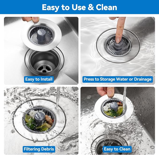 Upgraded 3-in-1 Kitchen Sink Drain Strainer, Stainless Steel Pop Up Kitchen - Image 4