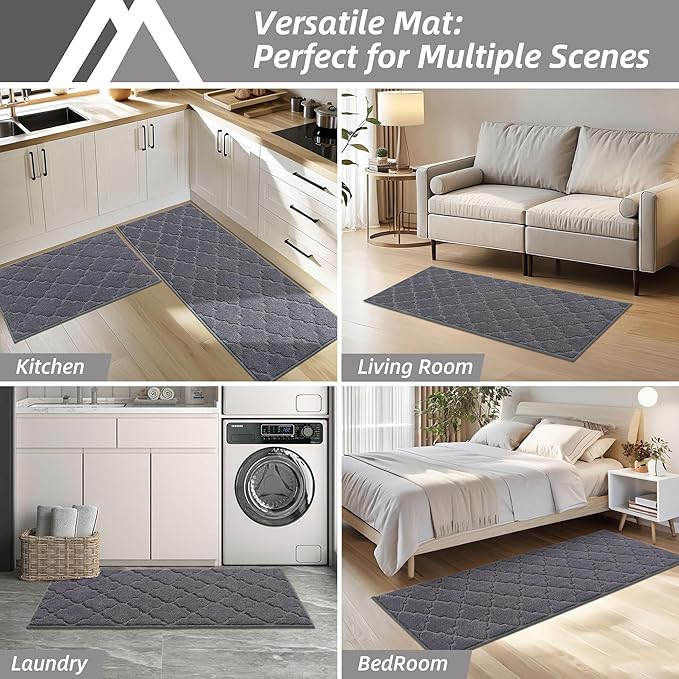 COSY HOMEER Soft Kitchen Rugs [2 PCS] for in Front of Sink Super Absorbent Kitchen Floor Mats and Mats 24x35 Inch/24X60 Non-Skid Kitchen Mat Standing Mat Washable,Polyester,Dark Grey