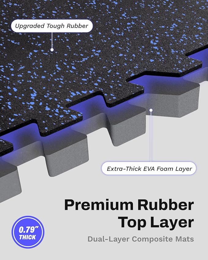 AIRHOP 0.79in Thick 72 Sq Ft Exercise Equipment Mats, 18 Tiles Upgraded Rubber Top with High Density EVA Foam, Large Interlocking Puzzle Gym Flooring for Home Gym, Heavy Weight Workout,Black & Blue