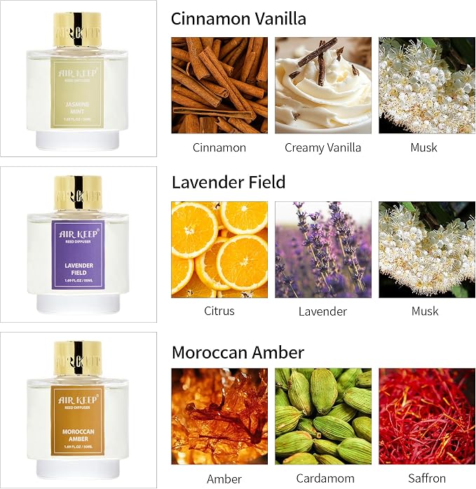 Reed Diffuser Set of 3, Cinnamon Vanilla Lavender Field Moroccan Amber Oil Reed - Image 3