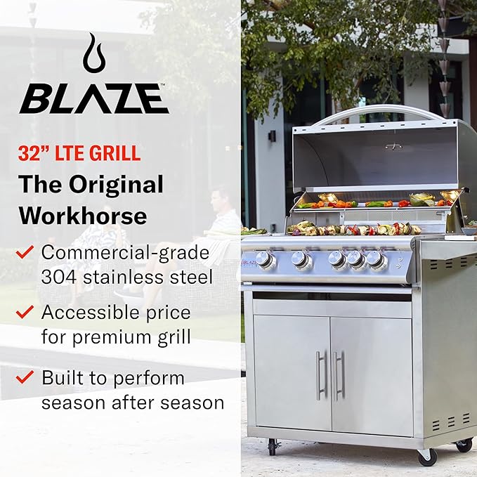 Blaze Premium LTE+ 40-Inch 5-Burner Built-In Natural Gas Grill | Stainless Steel Outdoor BBQ with Rear Infrared Burner, Rotisserie Kit, LED Control Knobs & Lift-Assist Hood | BLZ-5LTE3-NG