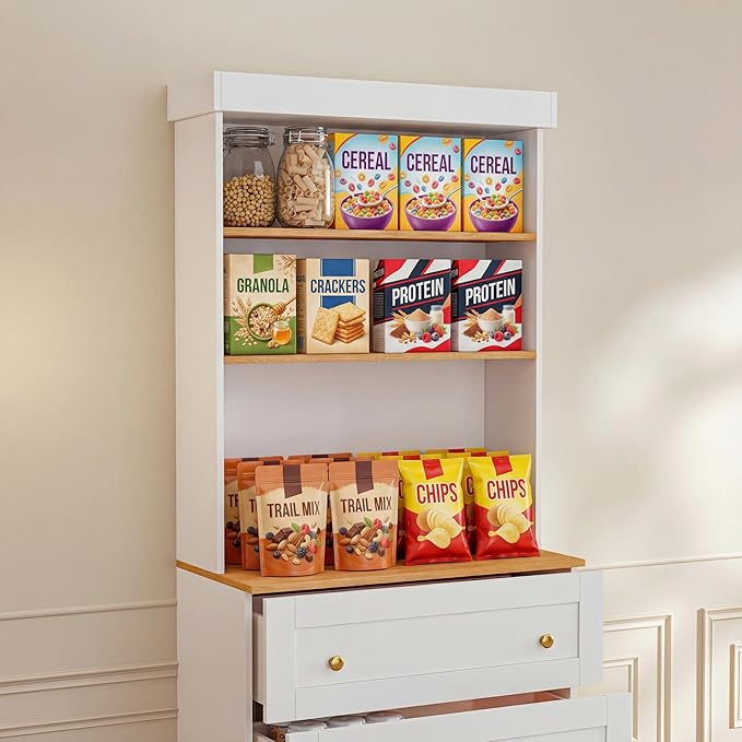 71" Farmhouse Kitchen Pantry Cabinet Set of 3, White Freestanding Coffee Bar Hutch with Glass Doors, Drawers & Adjustable Shelves, Large Storage Cabinet with Microwave Stand for Kitchen