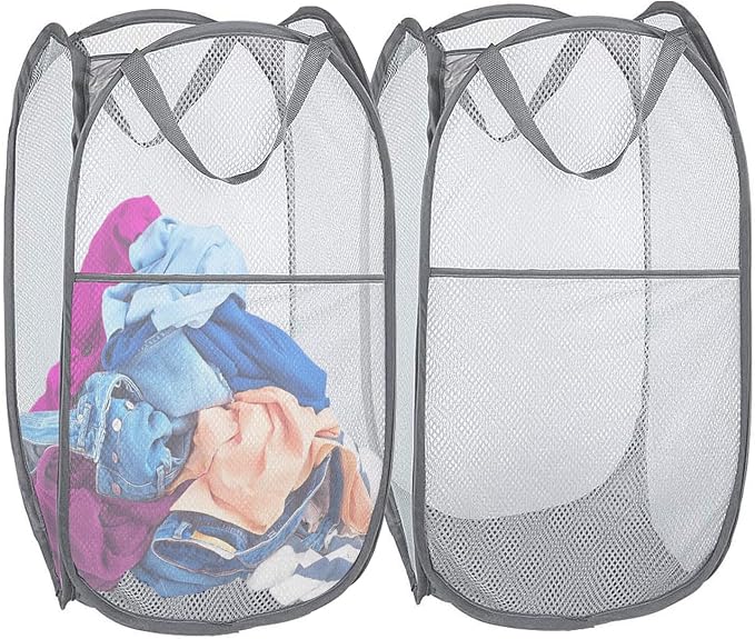 Foldable Mesh Laundry Baskets 2 Pack Large Side Pocket Strong Handle by Aplter