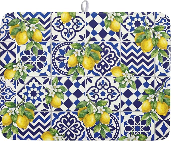 Lemon and Blue Tile Dish Drying Mat 18x24 Inch Absorbent Reversible Mexican by Kawani