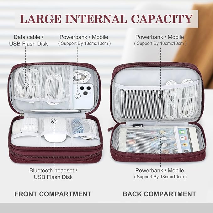 FYY Electronic Organizer, Travel Tech Pouch Bag, Wine Red | Wrist Strap - Image 3