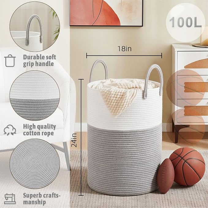 Artfeel Laundry Basket, Woven Cotton Rope Laundry Hamper, 100L - Image 6