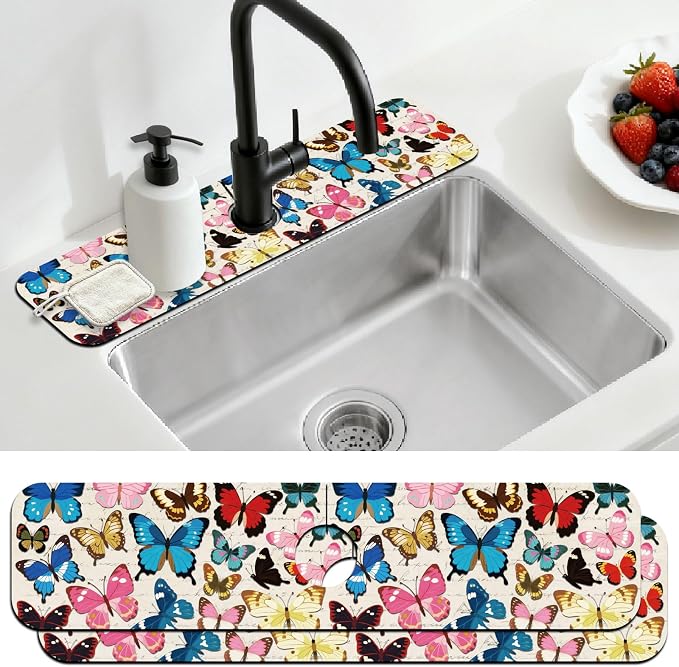 2 Pcs Kitchen Sink Splash Guard Faucet Mat Butterfly Pattern Faucet Mat by CONCHLERY%E6%97%97%E8%88%B0%E5%BA%97