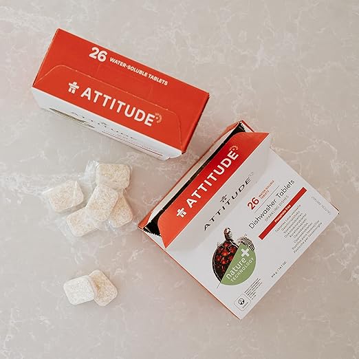 ATTITUDE Dishwasher Tablets, Water-soluble Plant- and Mineral-Based Effective Formula, Phosphate-free, Vegan and Cruelty-free, Unscented, 26 Count (Pack of 2)