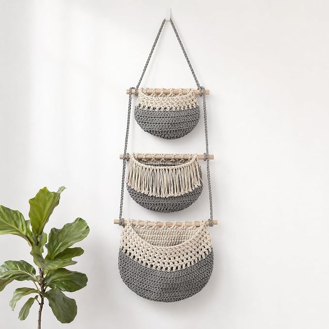 Macrame 3-Tier Hanging Wall Basket, Handwoven Jute Storage Organizer, Boho Decor by GLDFI