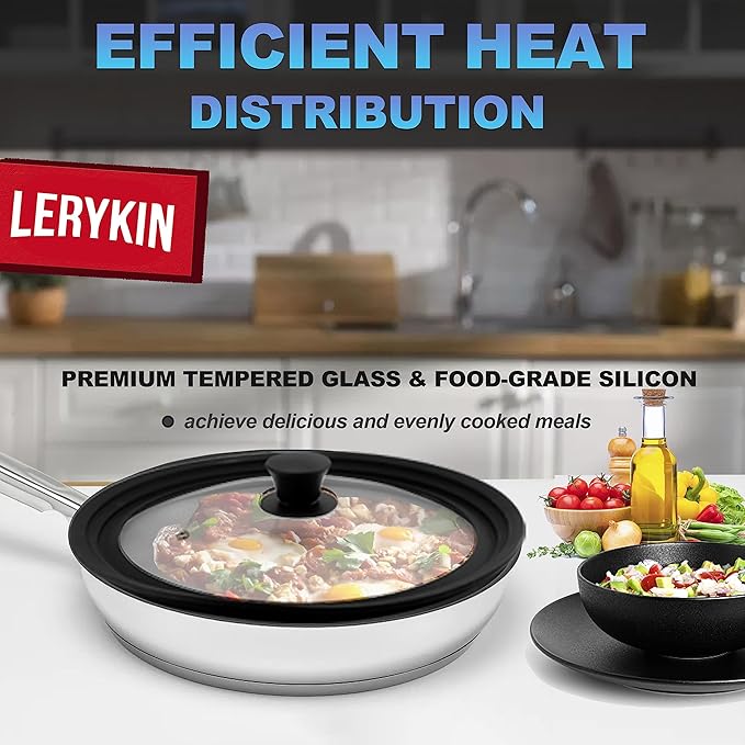 Tempered Glass Lid - Universal Lid with Heat Resistant Silicone Rim for Pots, Pans and Skillets - Pan Cover Replacement Lid Fits 6.5", 7" and 8" Diameter Cookware