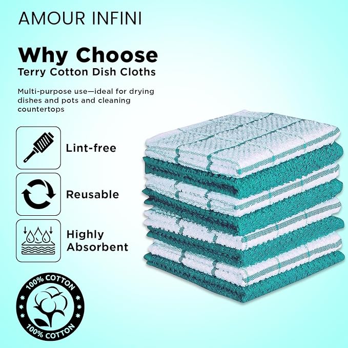 AMOUR INFINI Cotton Kitchen Dish Cloths Set of 8 – Highly Absorbent, Super Soft - Image 3