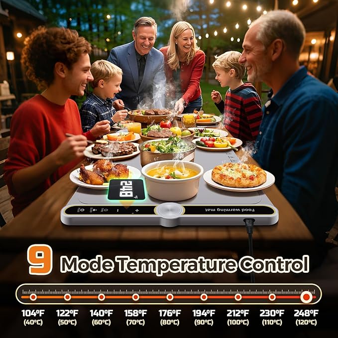 Warming Mat for Food, 24"x15" Food Warmer with 9-Temperature Adjustable, 1-6H Timer Electric Warming Tray Heat 6 Dishes, Child Lock, 8s Fast Heating, Foldable Food-Grade Silicone