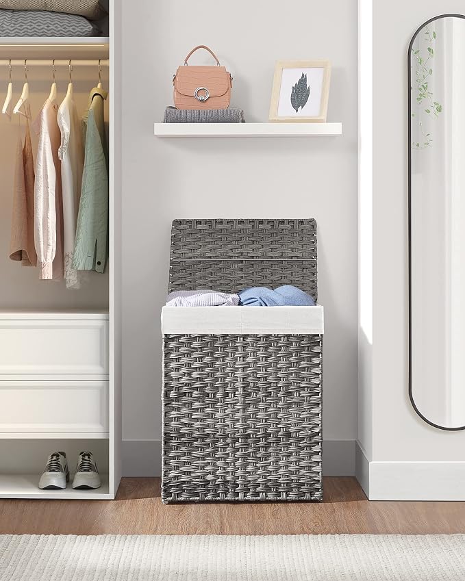 SONGMICS Laundry Hamper with Lid, 90L Double Wicker Basket, 6 Mesh Bags - Image 8