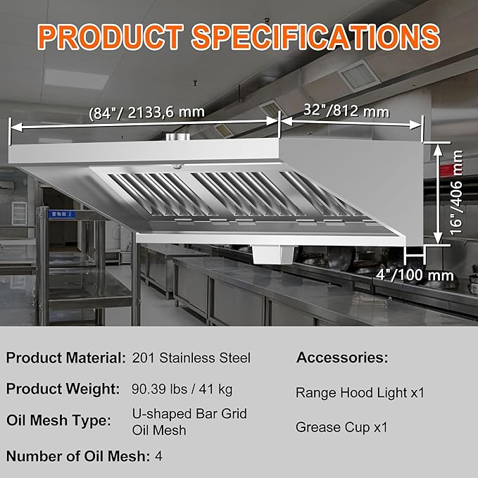 Commercial Exhaust Hood 7 FT Stainless Steel Concession Trailer Hood with 4 Removable Hood Filters(No Motor), Grease Cup and Hood Light, Rust Resistant Vent Hood for Commercial Kitchen, NSF Listed