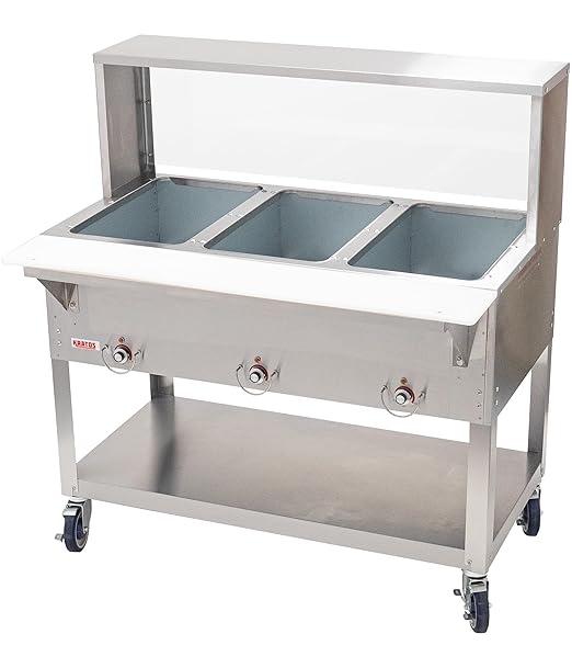 Kratos Commercial Electric Steam Table/Hot Food Table with Overshelf and Sneeze Guard, 3 Wells, Stainless Steel, Mobile, NSF, 120V (28W-202)