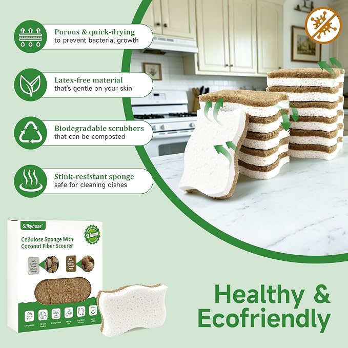 Silkyhose 12Pack Wave-Edge Cellulose Coconut Sponges, Non-Scratch Cleaning | - Image 7