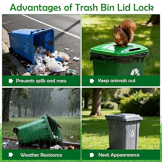 2PCS Trash Can Locks for Animals-Proof with Double Metal Hook, Adjustable Strap for 28-96 Gallon Garbage Bin Locks Against Raccoons, Squirrels, Outdoor Trash Can Lid Protection with Secure Buckle