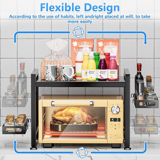 Extendable Microwave Oven Rack - Over Microwave Shelf Countertop 2 Tier Kitchen Microwave Stand (L15.7~23.6" xW12.8 xH17.7) with Spice Rack and 6 Hooks Black