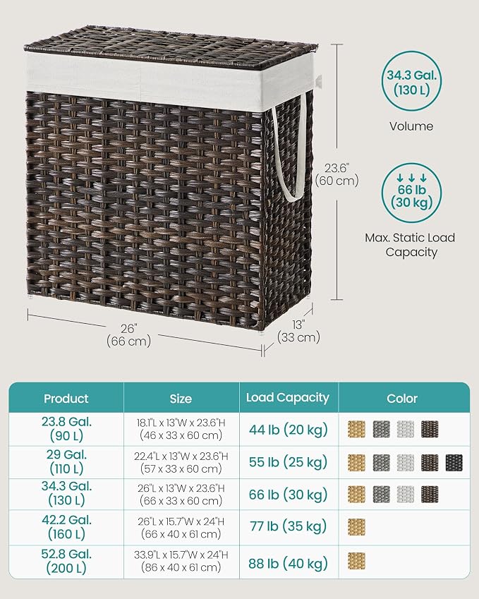 SONGMICS Laundry Hamper with Lid, 130L Double Wicker Basket, 6 Mesh Bags - Image 6