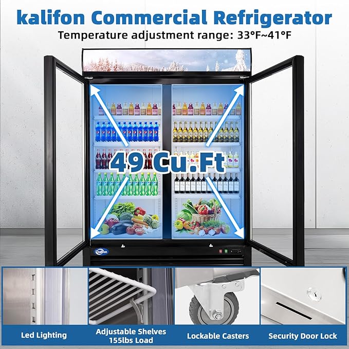 Display Beverage Refrigerator, 49 Cu.Ft Commercial Drink Fridge with Glass Door & 8 Adjustable Shelves, Commercial Refrigerator with LED Light for Restaurant, Supermarket, Gym, Black