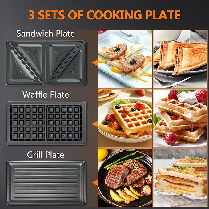 3 in 1 Sandwich Maker & Waffle Maker, Removable Non-Stick Plates, Panini Press, Grilled Cheese Maker, Cool-Touch Handle, LED Light, Easy Clean, 750W, for Home Kitchen Breakfast