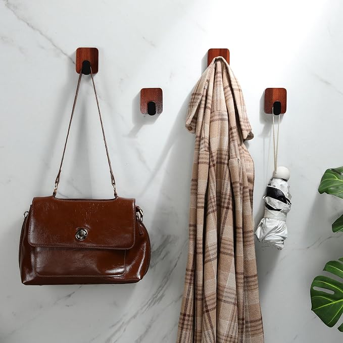Acacia Wooden Towel Hooks Red Brown, 4 Pack Sticky Hooks - Image 6
