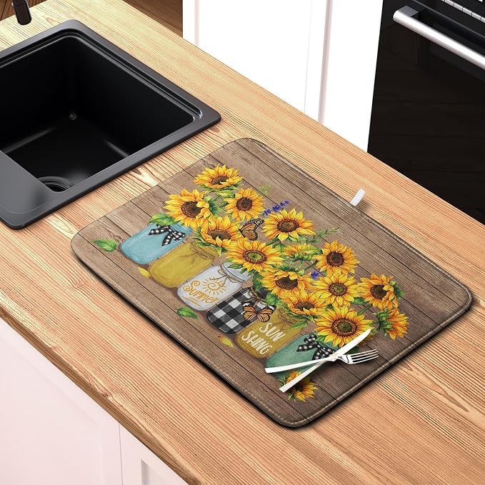 Sunflower Dish Drying Mat for Kitchen 18x24 Inch Counter Rustic Vintage Floral - Image 6