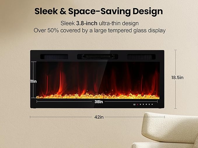 Electric Fireplace Inserts 42 Inch Wide, RealSmart Wall Mounted Fireplace 750W/1500W in-Wall Recessed Heaters with Remote Control, Timer, 12 Adjustable Color Flame & Brightness, Touch Screen