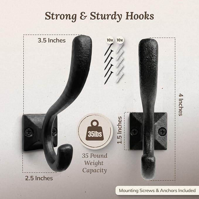 Rustic Wall Hooks for Hanging Cast Iron Black Coat Hooks Wall Mounted - Image 3