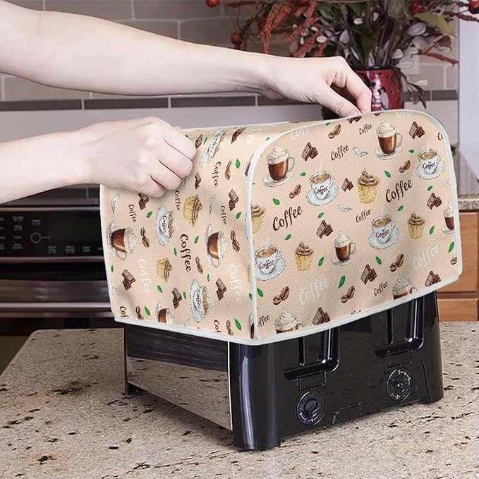 Coffee Print Toaster Cover - 2 Slice Retro Bread Maker Protector Oven Dust Cover for Small Kitchen Appliances Anti Fingerprint