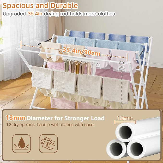 Drying Rack Clothing, 35.43in Long Drying Poles Large Clothes Drying Rack | - Image 4