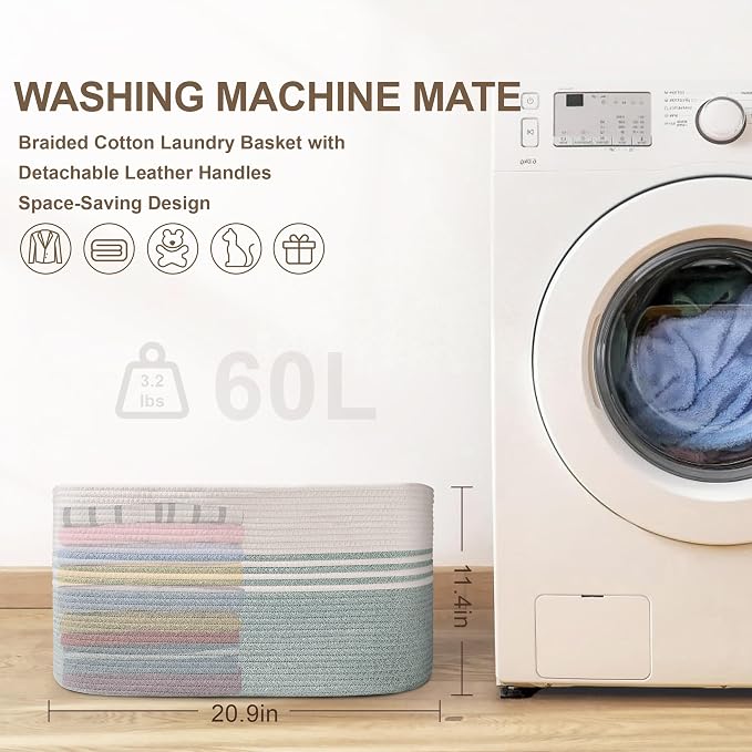 60L Woven Laundry Basket Hamper - Image 7