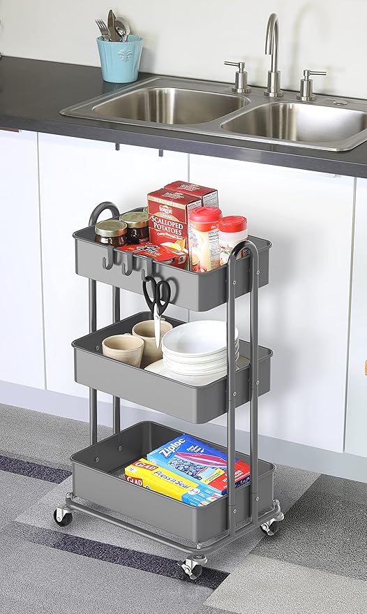 Simple Houseware 3-Tier Heavy Duty Metal Utility Rolling Cart, Silver