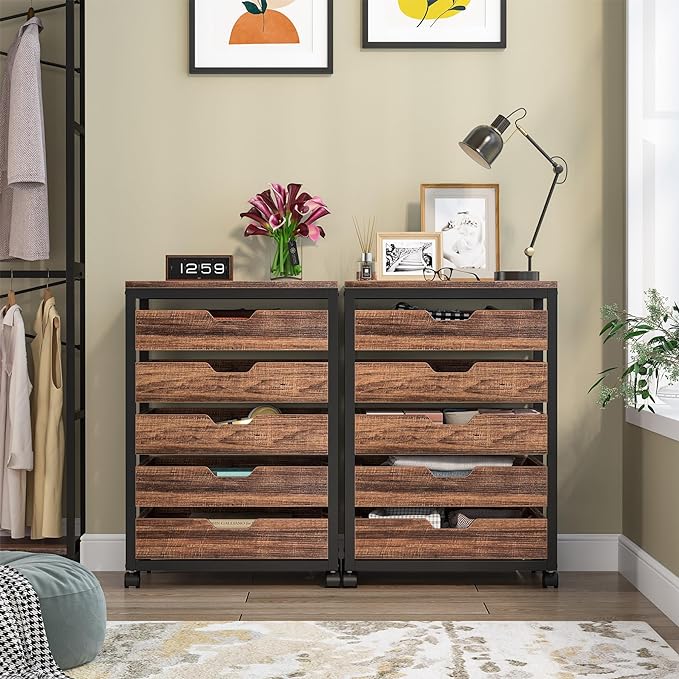 Tribesigns 5 Drawer Chest, Wood Storage Dresser Cabinet with Wheels, Industrial Storage Drawer Organizer Cart for Office Bedroom Entryway (Rustic Brown, 1 PC)