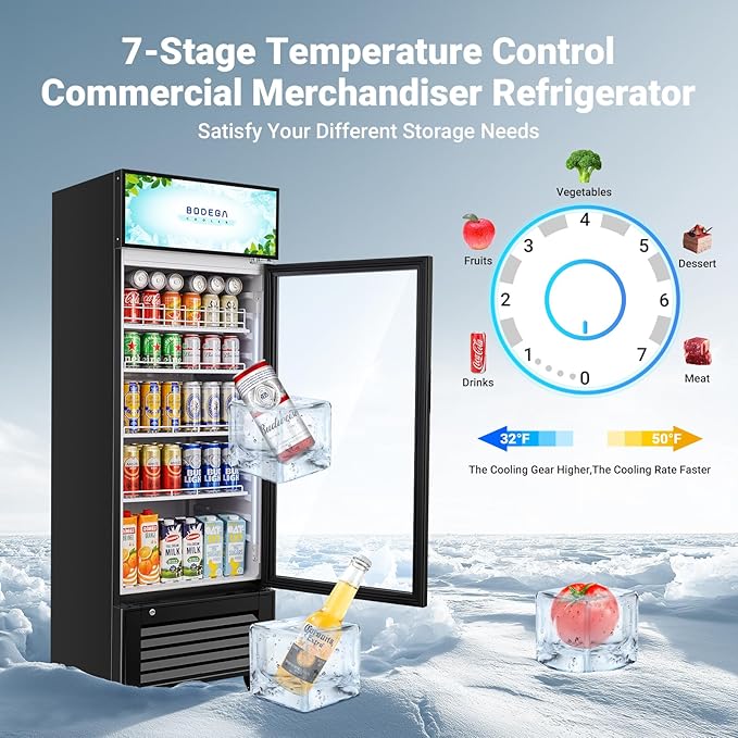 BODEGACOOLER Beverage Refrigerator and Cooler, 10.0 Cu. Ft Commercial Refrigerators For Man Cave, Display Refrigerator with Soft LED Light. 4 Shelves Merchandiser Refrigerators as Black Bar Cooler.