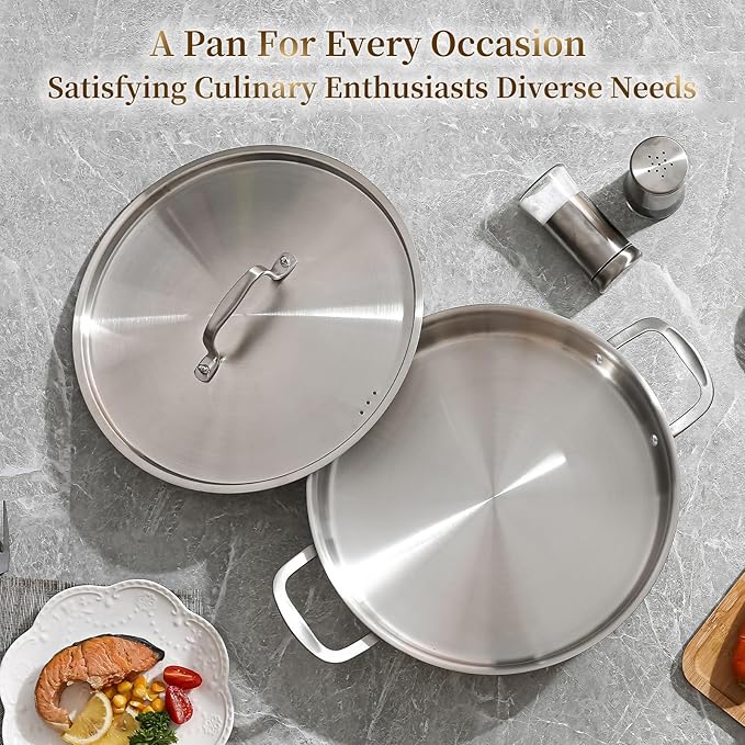 DELARLO Tri-Ply Stainless Steel 6 Quart Braiser Pan with Lid Induction Rondeau Pot With Lid 12inch Deep Frying Pan Large Saute Pan Heavy Duty Style Compatible With All Cooktops Up to 650℉