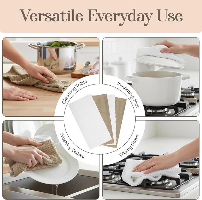 Kitchen Hand Towels Set of 4 Cotton Ribbed Taupe and White Hand Towels - Image 7