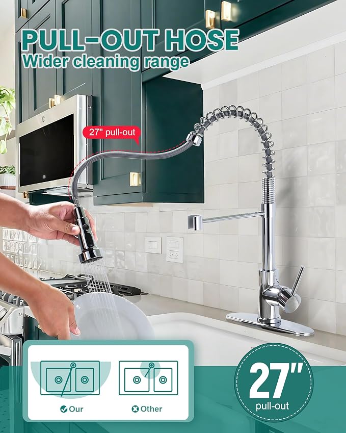 Kitchen Faucet with Pull Down Sprayer: Chrome 3-Function Kitchen Sink Faucet - Image 5