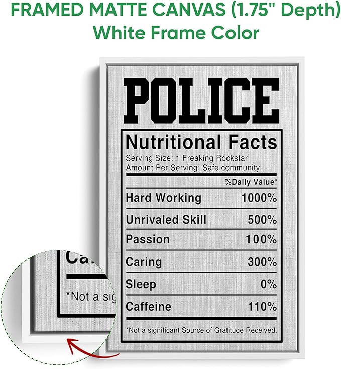 Police Poster & Framed Canvas, Police Nutritional Facts - Funny Home Office Decor, Bedroom Living Room Aesthetic Wall Art Gift For First Responder, Peace Officer, Policeman, Policemen