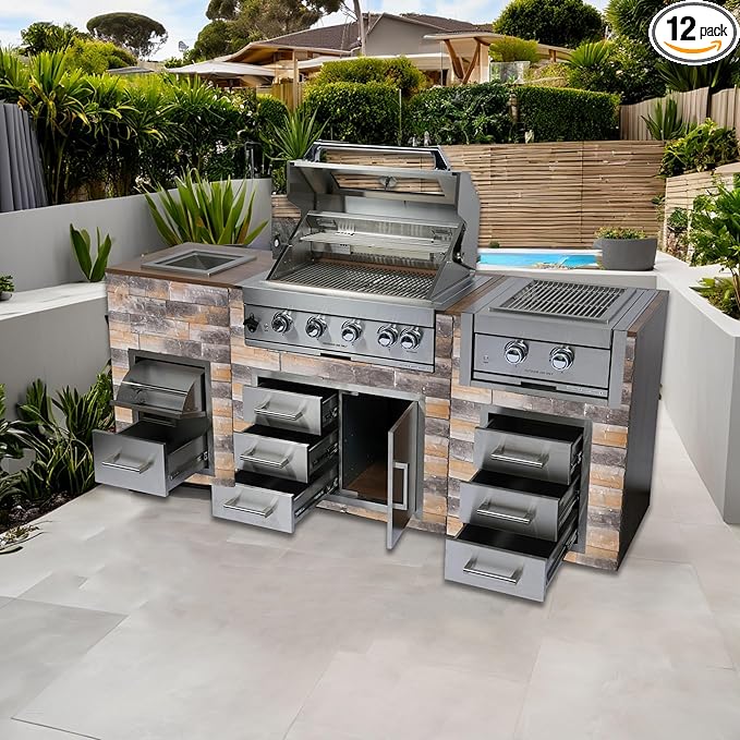 Outdoor Kitchen Kit Built-in 32 inch LPG Gas Grill 60000 BTU Stainless Steel Four burners Grills,DIY Combo Outdoor Kitchen Island, 12 in 1 BBQ Tool Set Best of Backyard