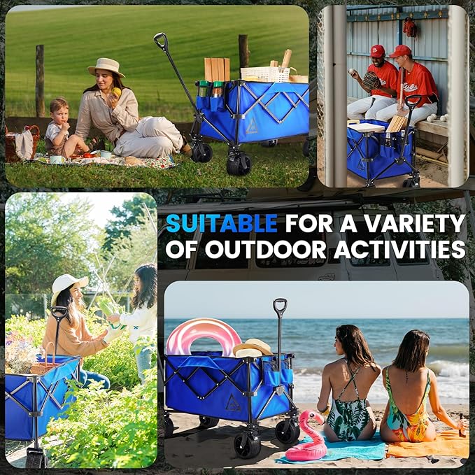 Wagon Cart Shopping Foldable Folding Collapsible with Wheels Big On Beach Garden Outdoor Grocery Heavy Duty Utility All Terrain Portable Wagons Carts for Groceries Sand Camping Sports Blue
